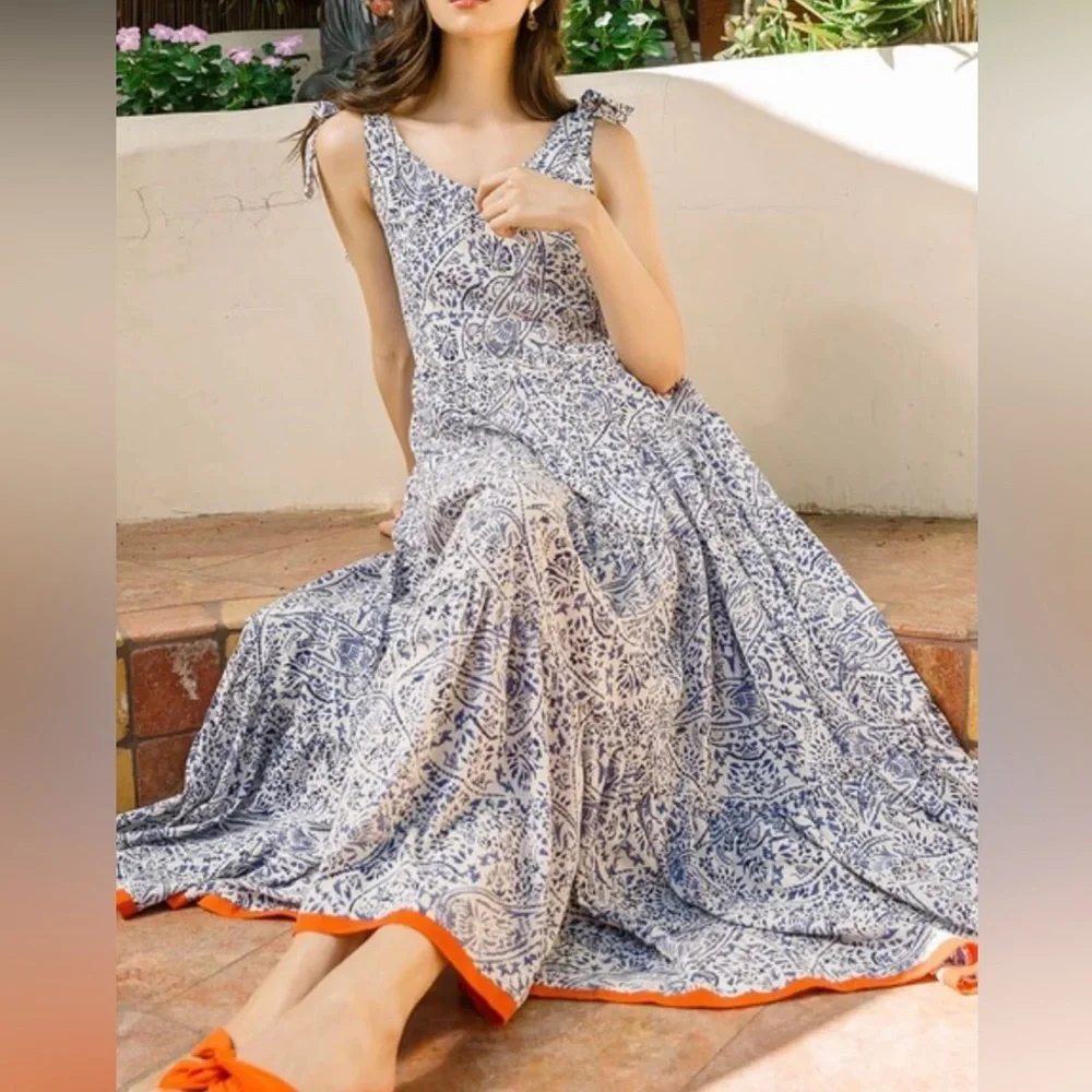 THML Blue and White Maxi Dress with Shoulder Ties - Picture 2 of 9